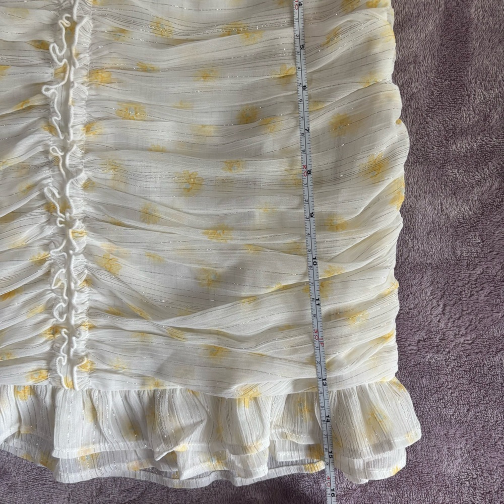 Forever 21 White Yellow Floral Ruched Ruffle Mini Skirt Metallic Stripe Medium - Picture 7 of 7